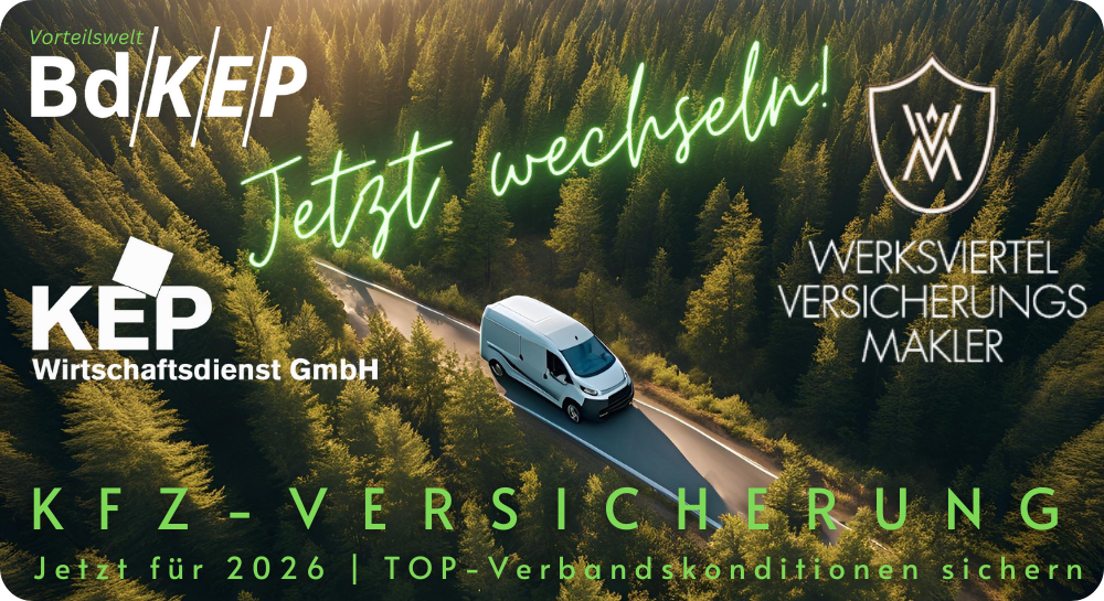  Werbegrafik zur Kfz-Versicherung des BdKEP. In der Mitte fährt ein weißer Lieferwagen auf einer Straße durch einen dichten, grünen Nadelwald. Oben links stehen die Logos von „BdKEP Vorteilswelt“ und „KEP Wirtschaftsdienst GmbH“. In der Mitte in leuchtender Handschrift: „Jetzt wechseln!“. Oben rechts das Logo des Versicherungspartners „Werksviertel Versicherungsmakler“. Unten in großen grünen Buchstaben: „KFZ-VERSICHERUNG“. Darunter in kleinerer Schrift: „Jetzt für 2026 | TOP-Verbandskonditionen sichern“.