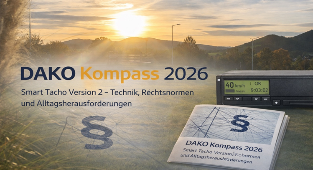 Keyvisual DAKO Kompass 2026: Smart Tacho Version 2 – Technik, Rechtsnormen und Alltagsherausforderungen, mit digitalem Tachograph und Veranstaltungsbroschüre vor Sonnenuntergang